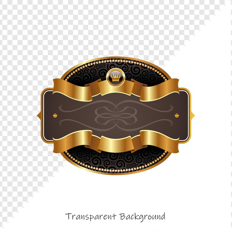PSD elegant gold and brown label with ribbon and crest