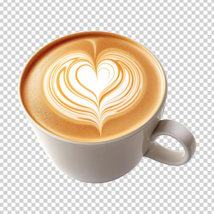 Elegant Latte Art Coffee Cup with Heart Design Isolated on Transparent Background