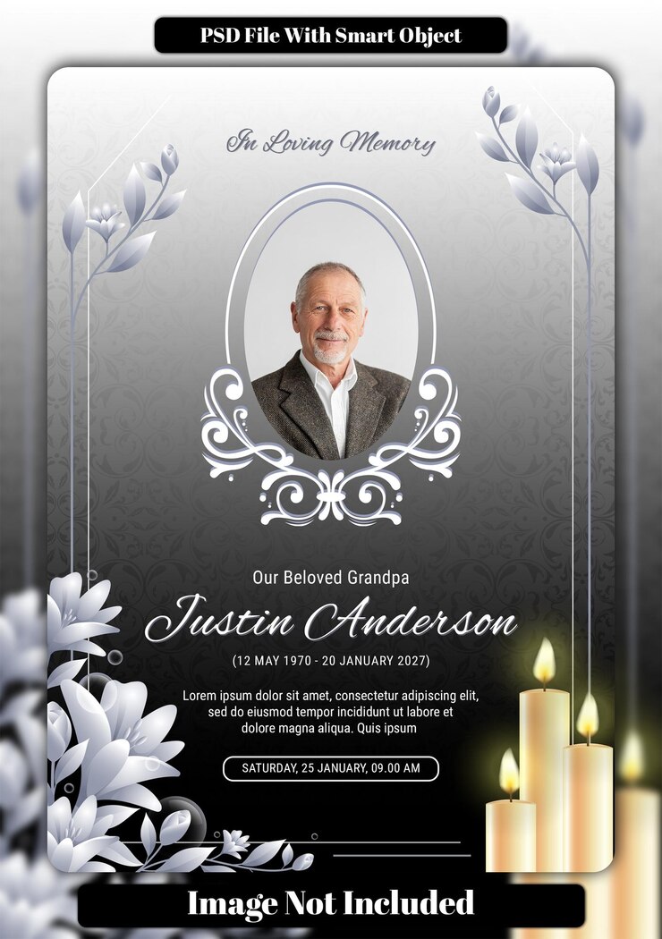 PSD elegant memorial flyer with floral design