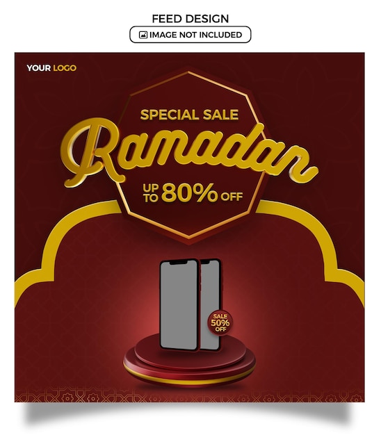 élégant modèle de publication de vente du Ramadan avec des éléments de rendu 3d en or rouge