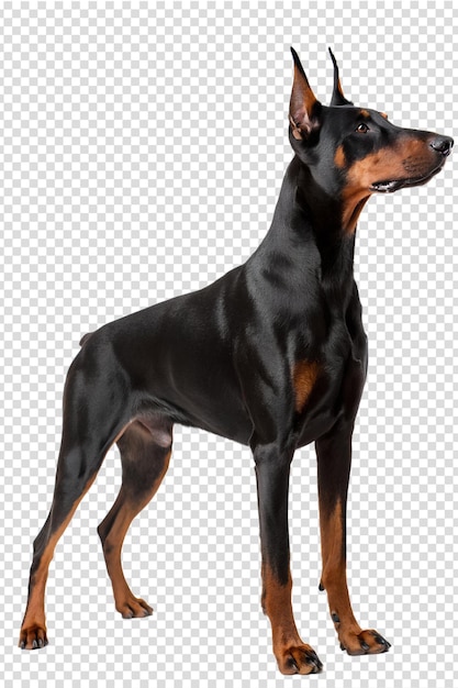 Elegant schwarzer Dobermann-Pinscher-Hund, isoliert auf dem durchsichtigen Hintergrund