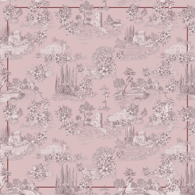 Elegant Toile de Jouy Landscape with Historic Buildings and Scenic Gardens
