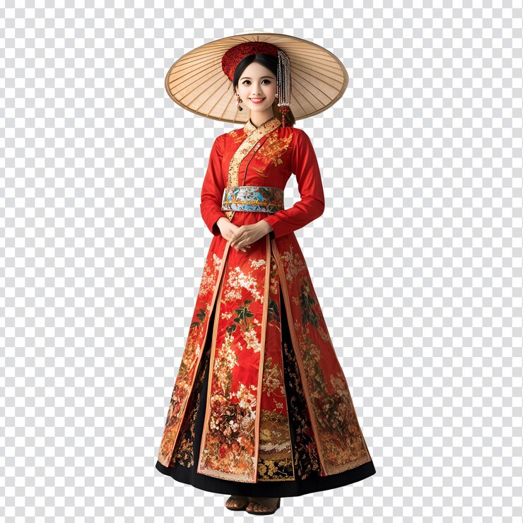 PSD elegant vietnamese woman in red ao dai conical hat