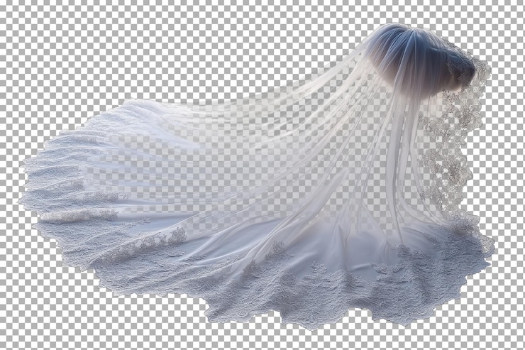 PSD un élégant voile de mariée avec des détails de dentelle complexes et un tissu coulant dans une lumière douce sur un fond blanc