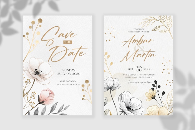 PSD elegant watercolor wedding invitation with floral and gold accents