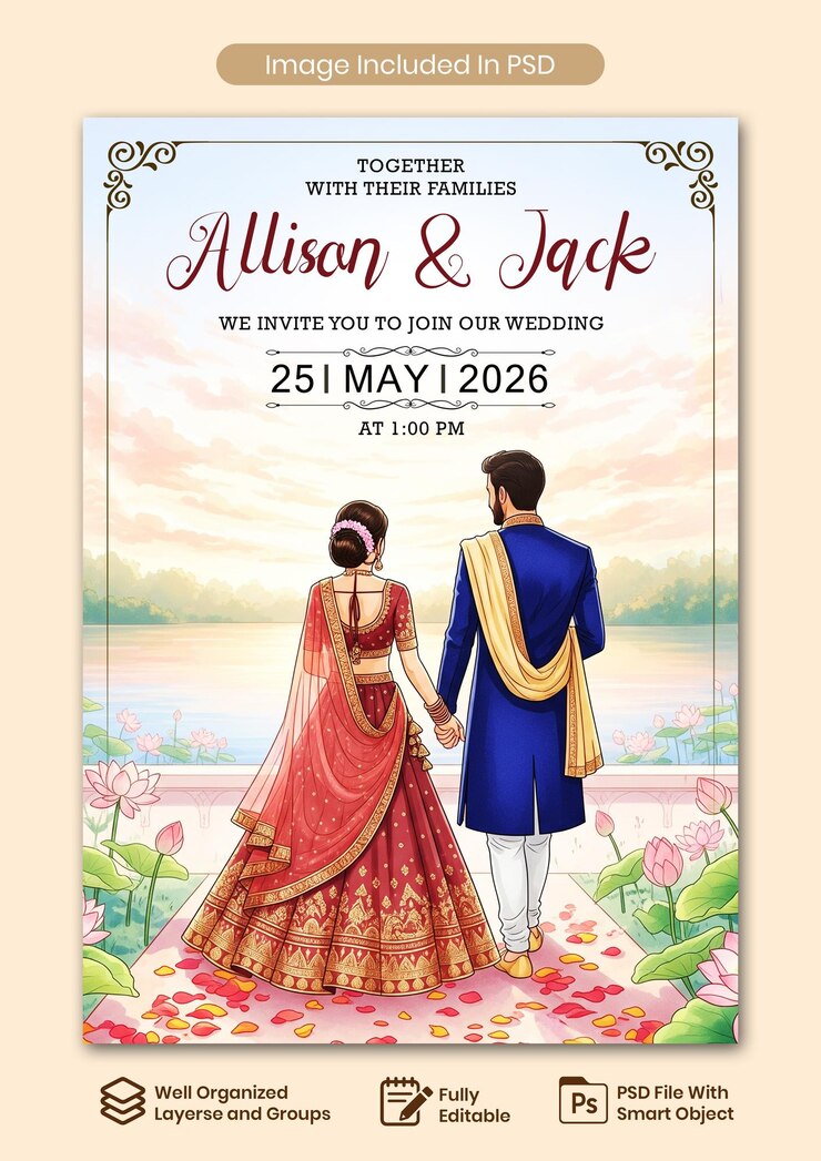 Elegant Wedding Invitation with Couple and Floral Details