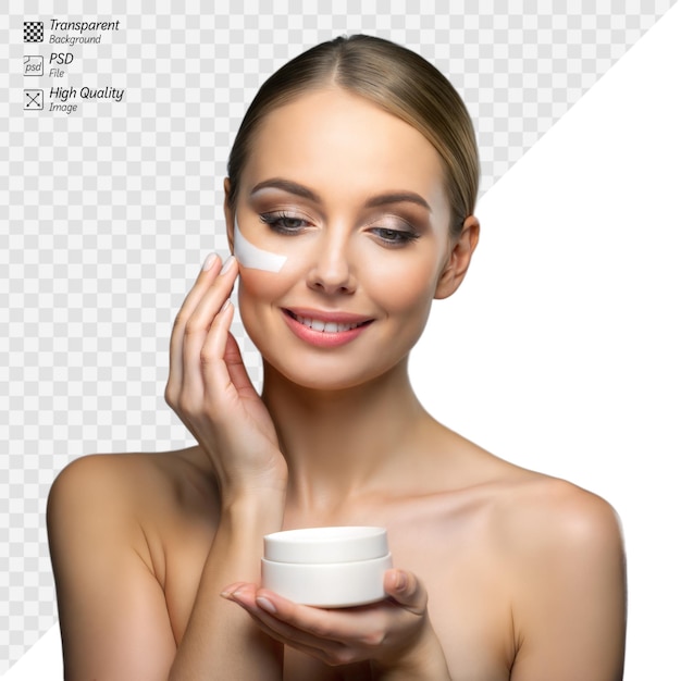 PSD elegant woman applying facial cream for skincare routine