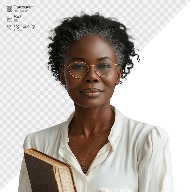 PSD elegant woman in glasses holds an old book confidently