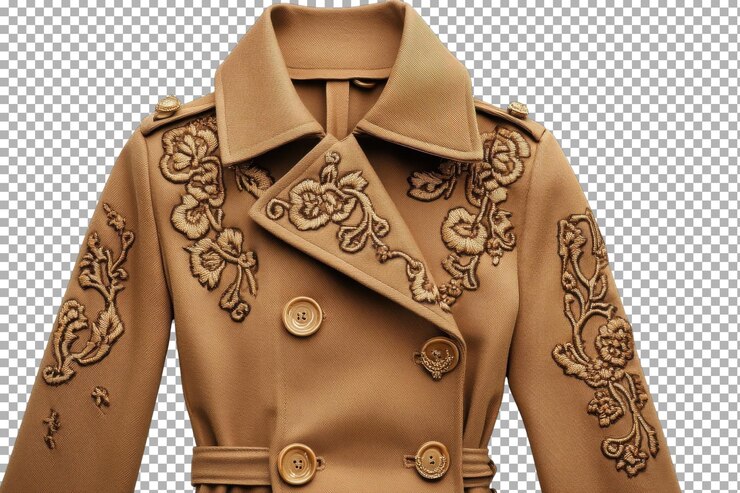 PSD elegante abrigado bordado exhibido en un contexto de moda que muestra detalles de diseño intrincados y un atractivo estético elegante