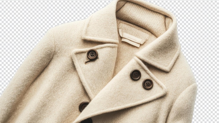 PSD elegante abrigo de lana crema con botones clásicos en un fondo neutral para los entusiastas de la moda y la inspiración de estilo estacional