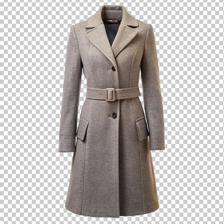PSD elegante abrigo de lana gris para mujeres sobre un fondo transparente