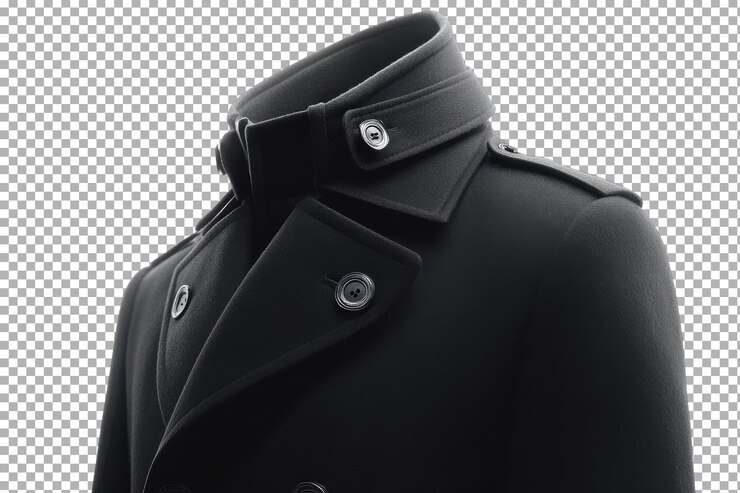 PSD elegante abrigo negro de doble pecho exhibido en un maniquí que destaca sus detalles de costura y textura de la tela contra un fondo neutral