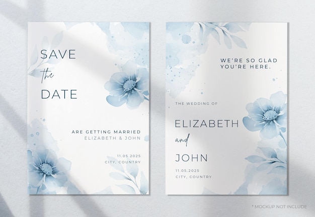 Elegante acuarela con flores y hojas en plantilla de tarjeta de invitación de boda
