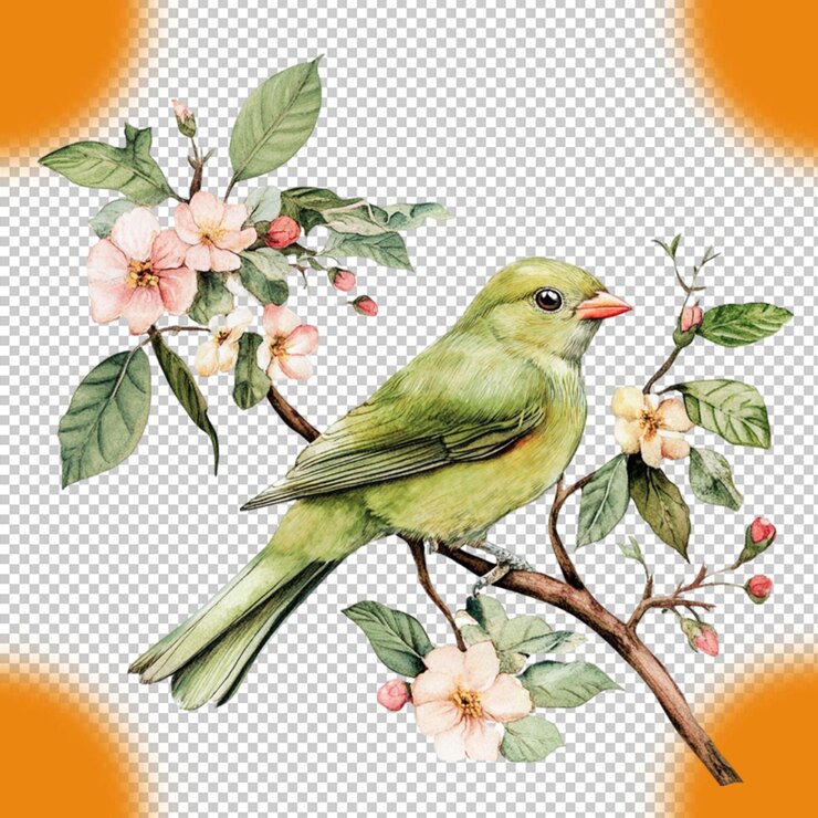 Elegante acuarela de pájaro verde Pintura de flor de primavera Arte de la rama árbol suave lindo imagen de fauna de aves