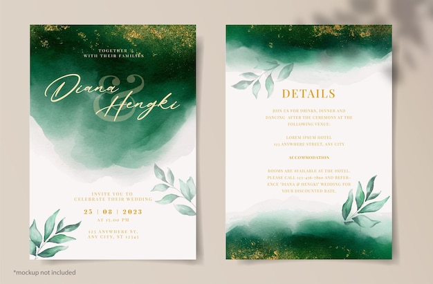 PSD elegante acuarela verde esmeralda y oro con hojas en plantilla de tarjeta de invitación de boda