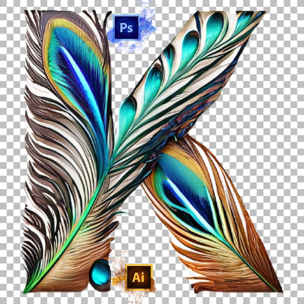 Elegante alfabeto letra A a Z pluma de pavo real Diseño de letra K