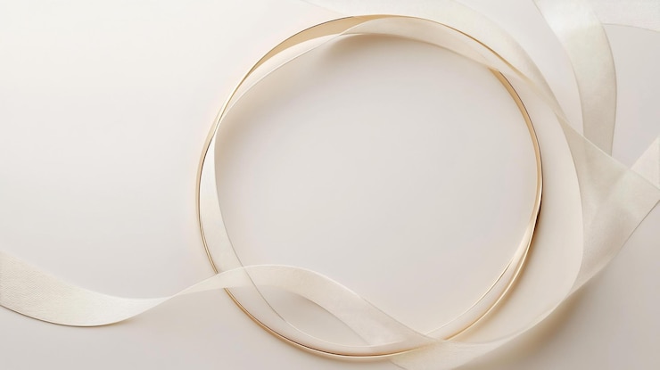 PSD elegante anillo de oro y cinta de crema sobre fondo blanco