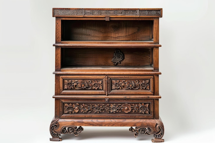 PSD elegante antico armadio in legno realizzato con intricate incisioni floreali esposte su un semplice sfondo bianco