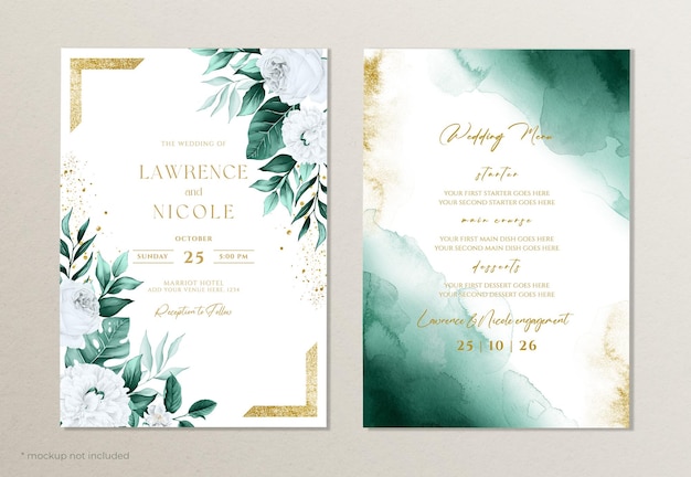 PSD elegante aquarell-hochzeitseinladung und menüvorlage mit blumen- und blattdekoration