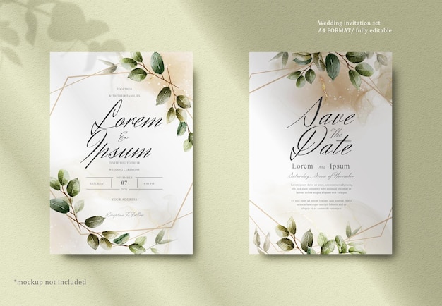 Elegante Aquarellhochzeitseinladungskarte mit grünen Blättern