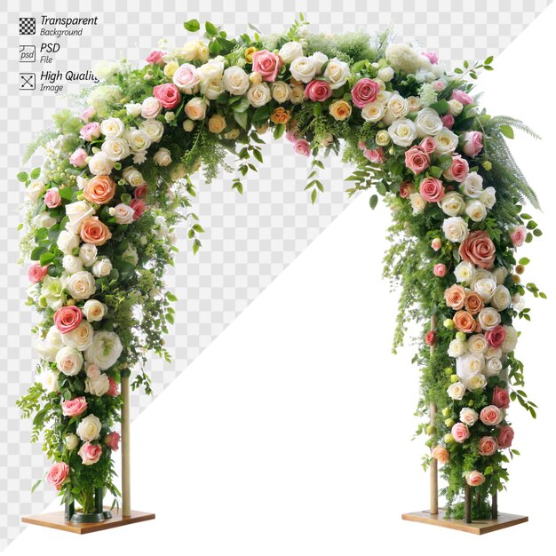 PSD elegante arco floral adornado con exuberantes rosas para la boda