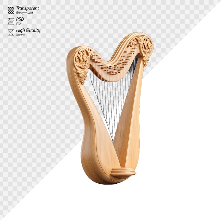 PSD elegante arpa di legno con intricate incisioni in mostra