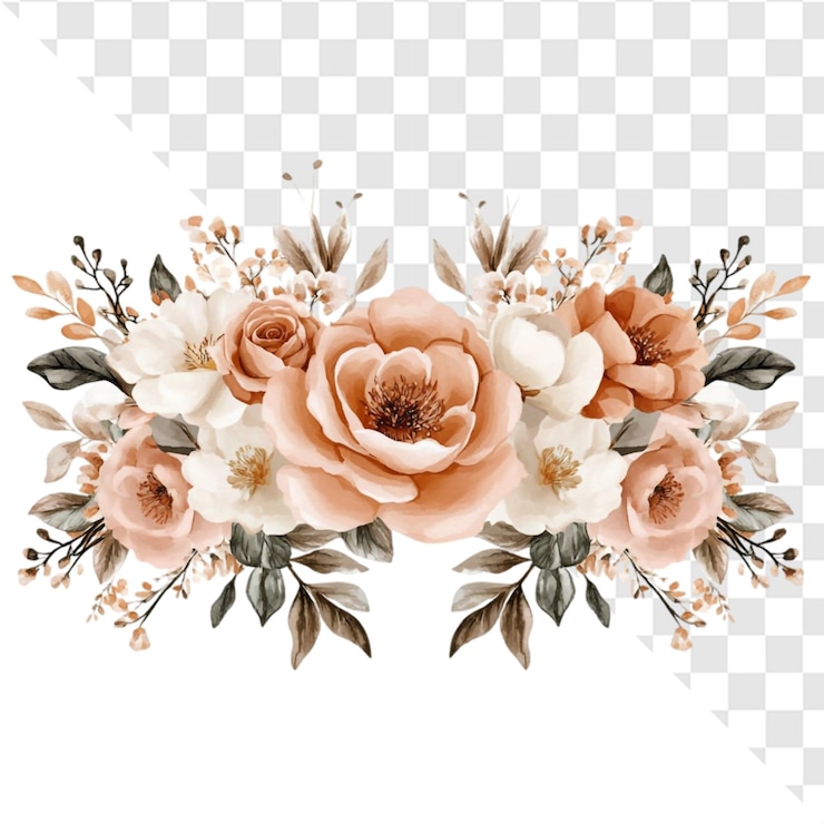 PSD elegante arreglo floral de melocotón y crema romántico ramo de acuarela