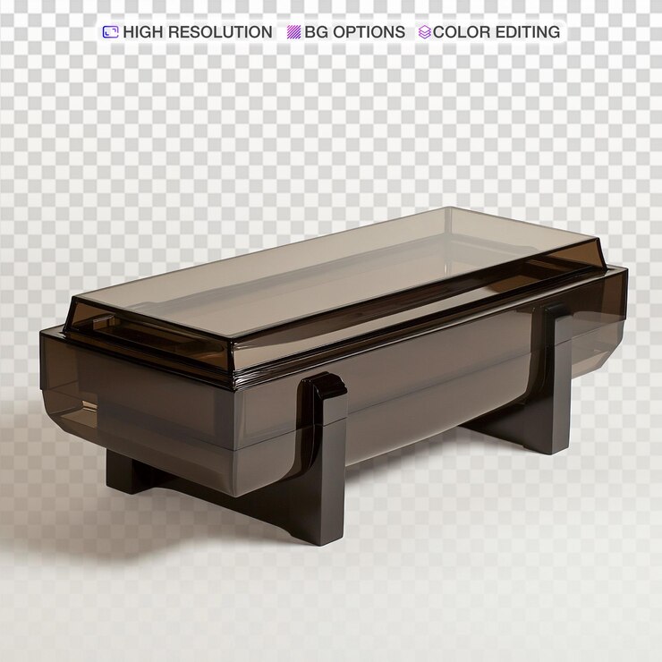 PSD elegante ataúd de vidrio inspirado en bauhaus con base marrón oscuro