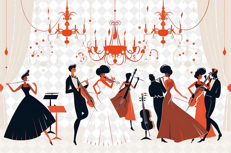 PSD elegante baile de navidad con bailarines y músicos realizando ilustraciones diseño artístico de navidad
