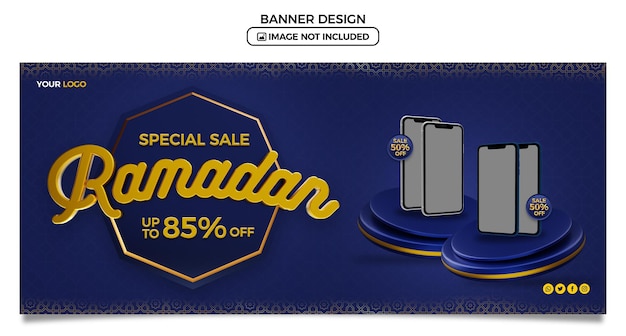 Elegante banner de venta de Ramadán con elementos de representación 3d de oro azul