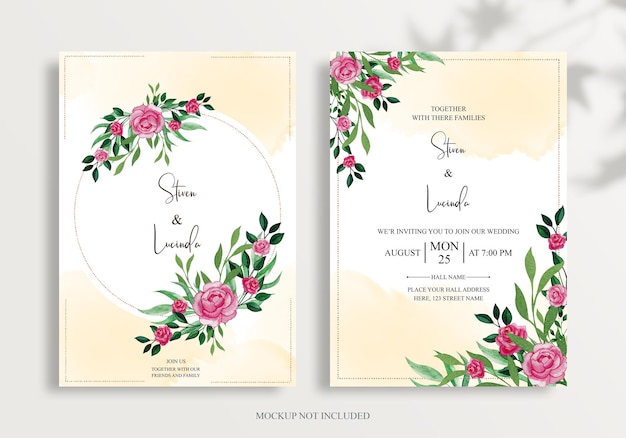 Elegante biglietto d'invito per matrimonio con fiori e foglie disegnati a mano PSD