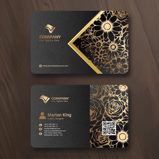 Elegante biglietto da visita floreale nero e oro