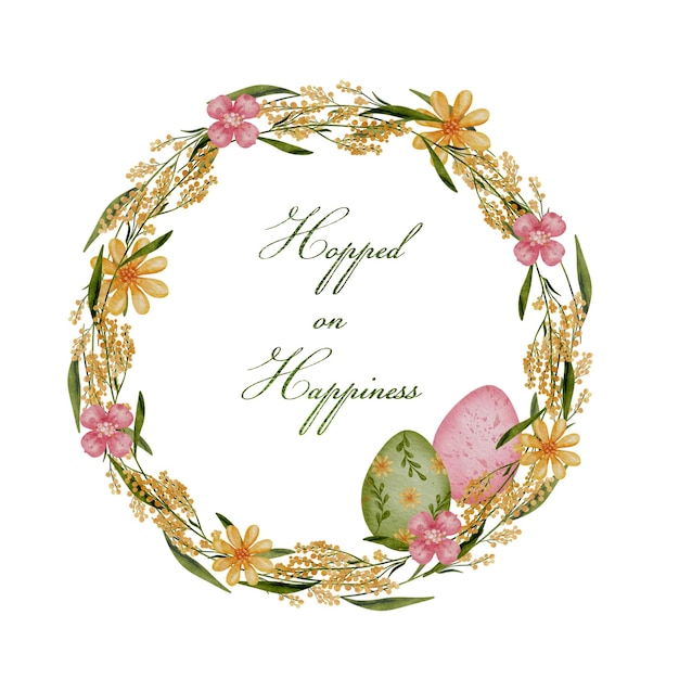 Elegante biglietto di auguri di Pasqua con corona d'acquarello fiori gialli rami e uova