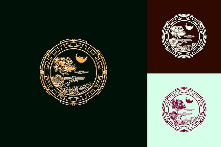 PSD elegante bordado de seda chino con diseño de emblema diseños intrincados de iconos lunares inspirados en png
