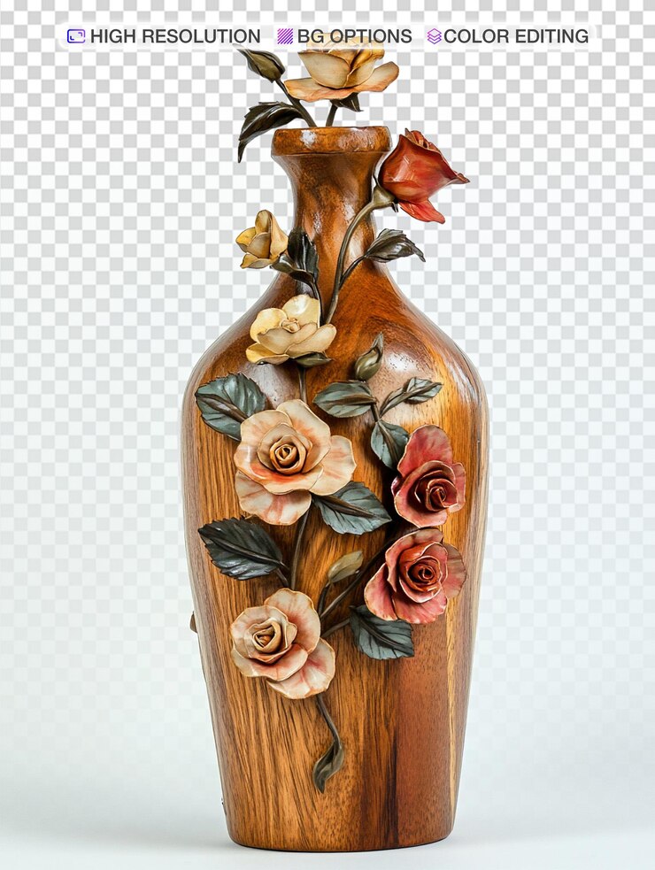 PSD elegante botella de madera rodeada de rosas de colores