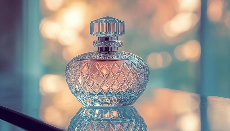 PSD elegante botella de perfume transparente con fondo suave y diseño de textura personalizable
