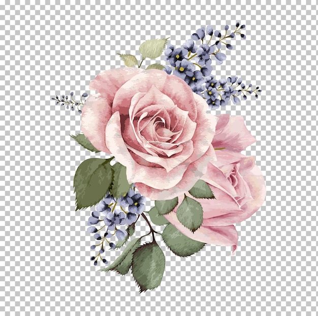 Elegante bouquet de rosas aquareladas com acentos roxos