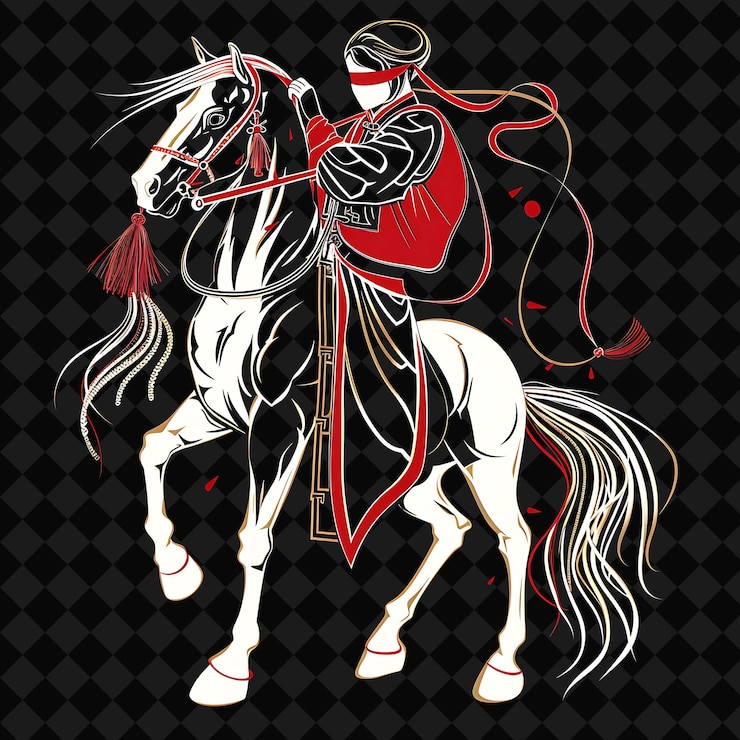 PSD el elegante caballo asiático wing chun retrato sosteniendo un guan dao w ilustración personaje animal guerrero