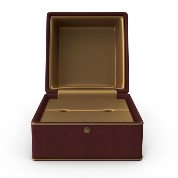 PSD elegante caja de joyas vacía abierta con diseño de adornos de oro perfecta para mostrar el acceso precioso