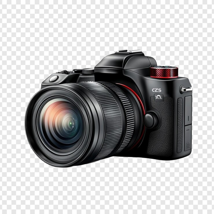 PSD elegante cámara dslr negra con acentos rojos equipo de fotografía profesional