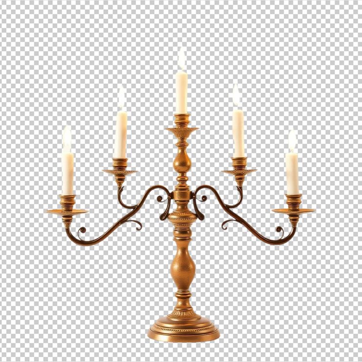 PSD elegante candelabro de oro de cinco brazos con velas encendidas estilo vintage decoración del hogar fuego cálido resplandor rico