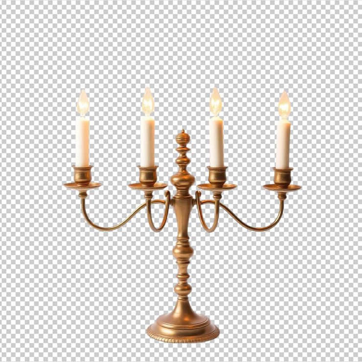 PSD elegante candelabro de oro con cuatro velas encendidas estilo vintage decoración del hogar bronce imagen de metal lujo