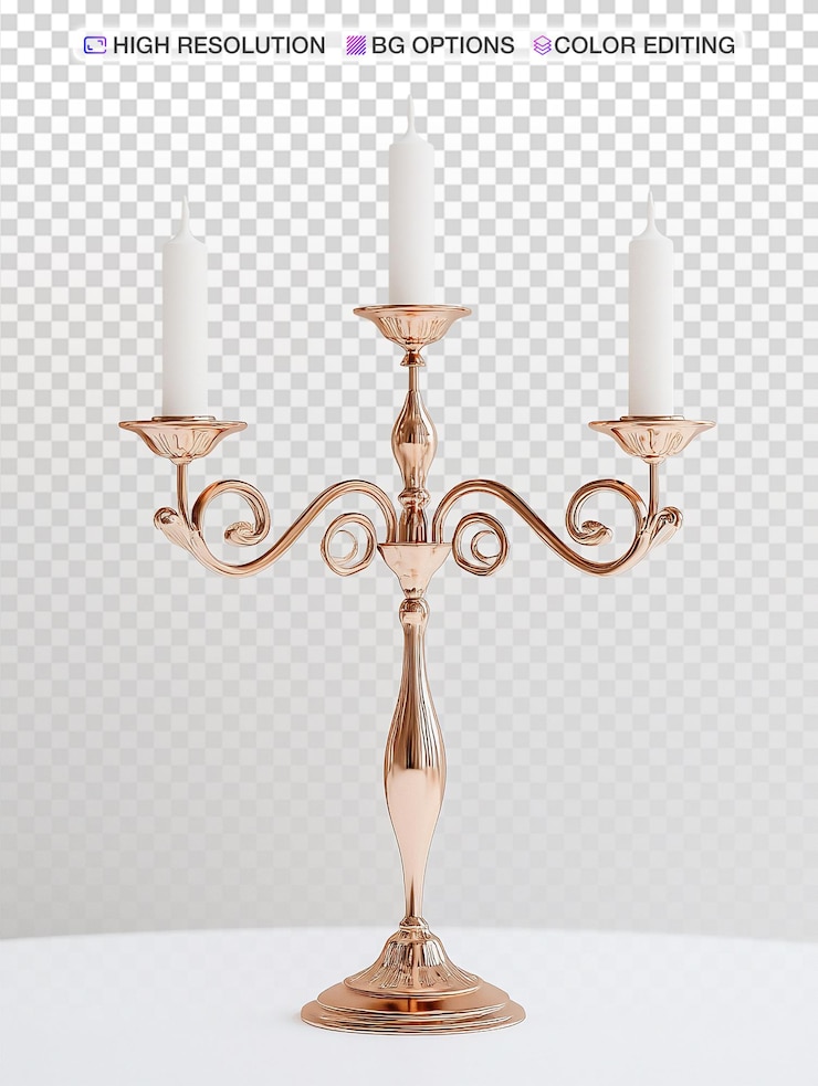 PSD elegante candelabro de oro rosa con velas blancas en la mesa