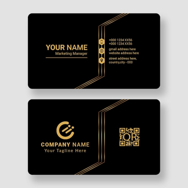 Elegante cartão de visita preto e dourado para gerente de marketing