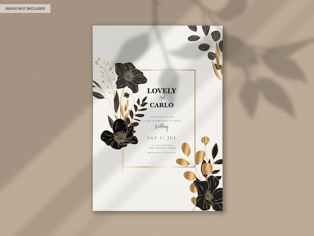 PSD Élégante carte d'invitation de mariage minimaliste avec des fleurs dorées de luxe
