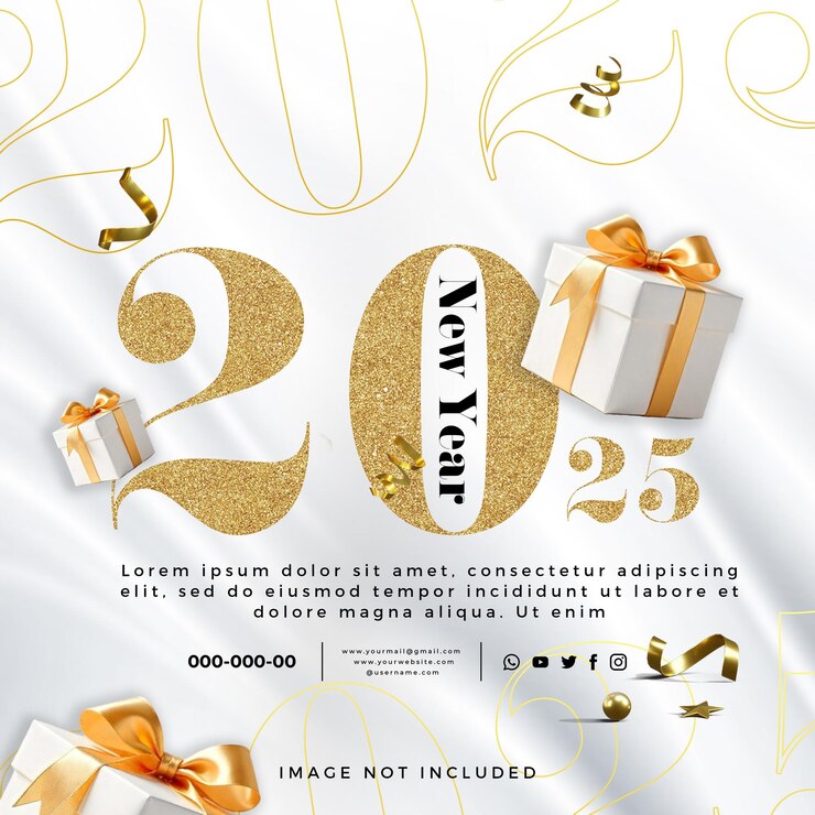 Elegante celebración del Año Nuevo 2025 con oro y regalos