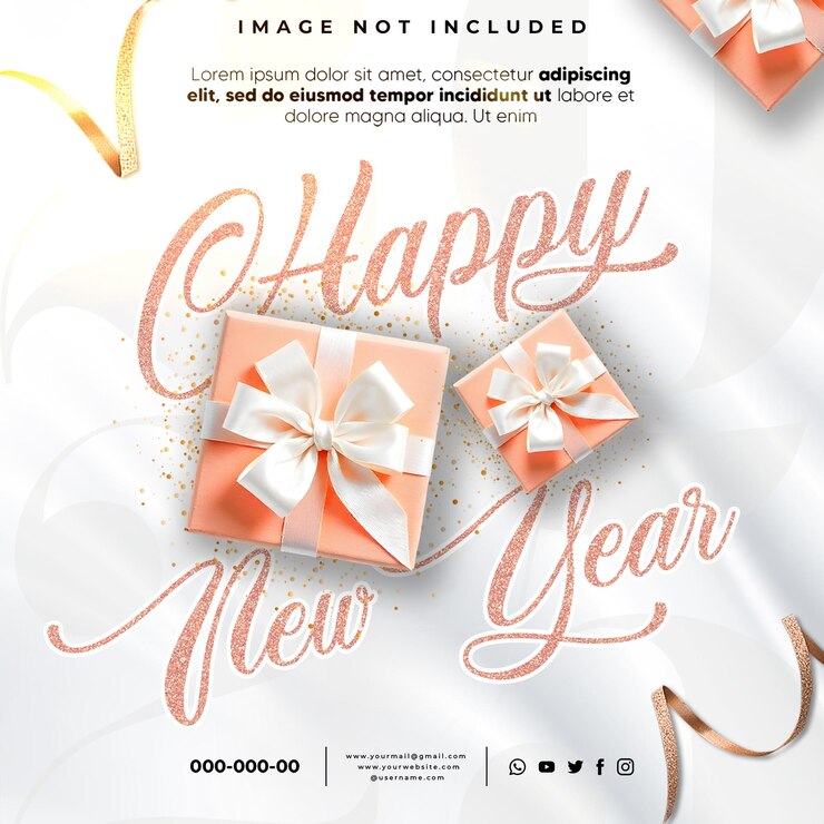 Elegante celebración de Feliz Año Nuevo con diseño de plantillas de cajas de regalos