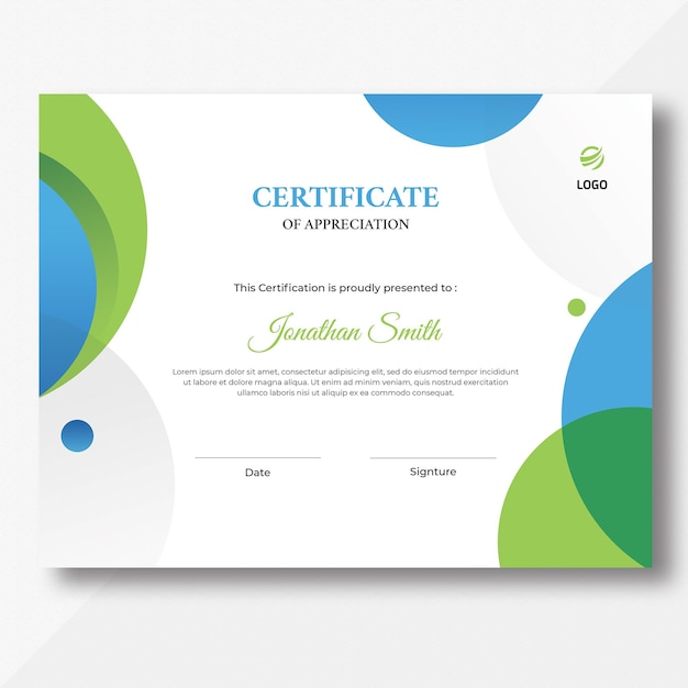 Elegante certificado de aprecio con diseño geométrico verde y azul