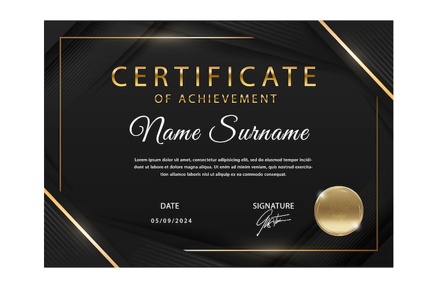 Elegante certificado negro y dorado