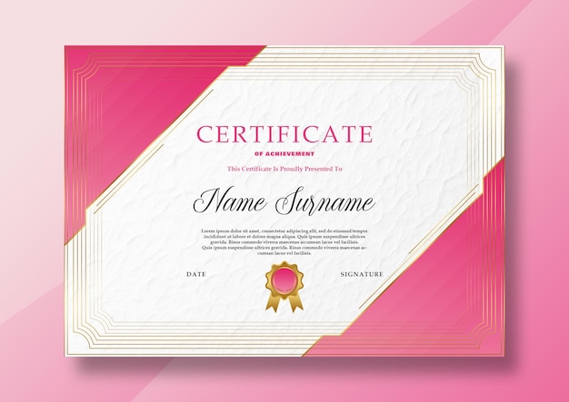 PSD elegante certificado rosa de realização com desenho de selo de ouro